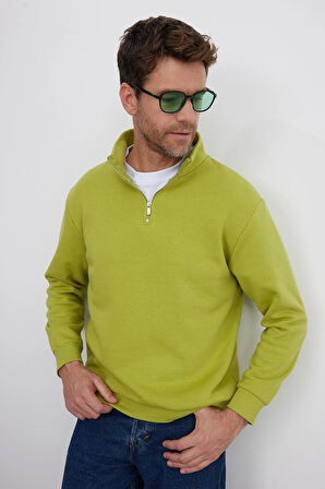 Unisex Relax Fit Rahat Kesim Pamuklu İçi Polarlı Yarım Fermuarlı Yeşil Dik Yaka Sweatshirt