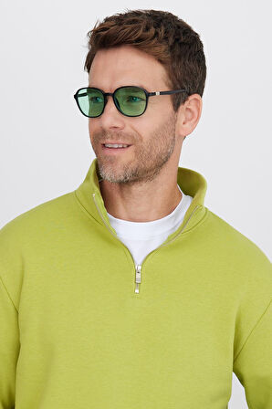 Unisex Relax Fit Rahat Kesim Pamuklu İçi Polarlı Yarım Fermuarlı Yeşil Dik Yaka Sweatshirt