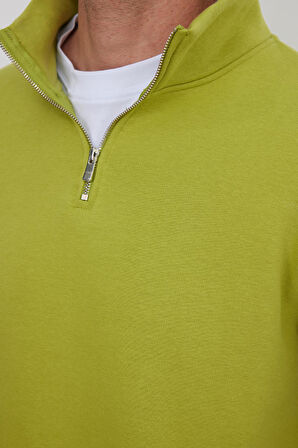 Unisex Relax Fit Rahat Kesim Pamuklu İçi Polarlı Yarım Fermuarlı Yeşil Dik Yaka Sweatshirt