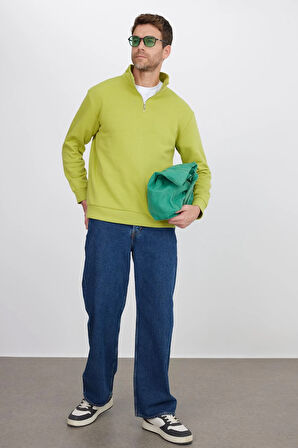 Unisex Relax Fit Rahat Kesim Pamuklu İçi Polarlı Yarım Fermuarlı Yeşil Dik Yaka Sweatshirt