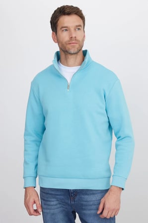 Unisex Relax Fit Rahat Kesim Pamuklu İçi Polarlı Yarım Fermuarlı Açık Mavi Dik Yaka Sweatshirt