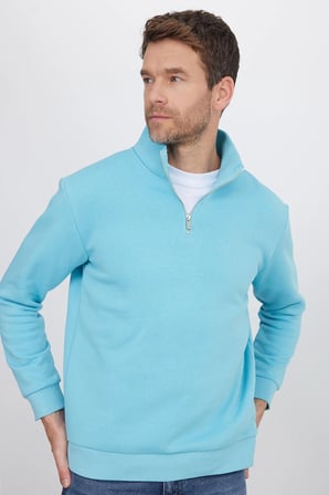 Unisex Relax Fit Rahat Kesim Pamuklu İçi Polarlı Yarım Fermuarlı Açık Mavi Dik Yaka Sweatshirt