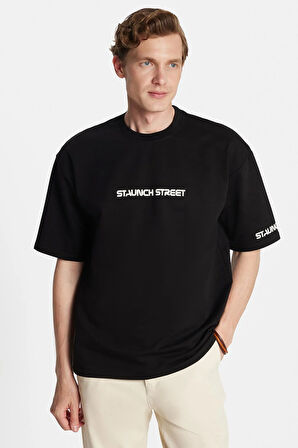 Erkek Oversize Geniş Kesim Pamuklu Baskılı Bisiklet Yaka Siyah Tişört