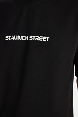 Erkek Oversize Geniş Kesim Pamuklu Baskılı Bisiklet Yaka Siyah Tişört