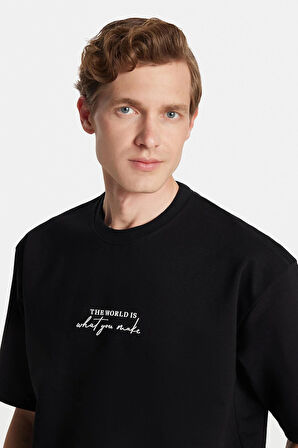 Erkek Oversize Geniş Kesim Pamuklu Baskılı Bisiklet Yaka Siyah Tişört