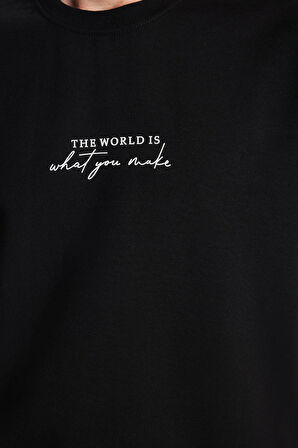 Erkek Oversize Geniş Kesim Pamuklu Baskılı Bisiklet Yaka Siyah Tişört