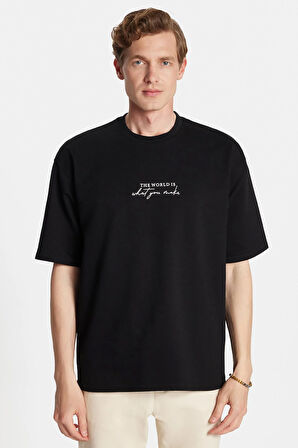 Erkek Oversize Geniş Kesim Pamuklu Baskılı Bisiklet Yaka Siyah Tişört