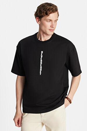 Erkek Oversize Geniş Kesim Pamuklu Baskılı Bisiklet Yaka Siyah Tişört