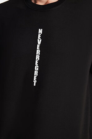 Erkek Oversize Geniş Kesim Pamuklu Baskılı Bisiklet Yaka Siyah Tişört