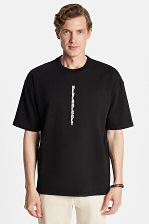 Erkek Oversize Geniş Kesim Pamuklu Baskılı Bisiklet Yaka Siyah Tişört