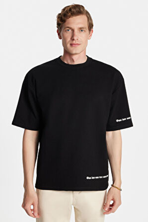 Erkek Oversize Geniş Kesim Pamuklu Baskılı Bisiklet Yaka Siyah Tişört