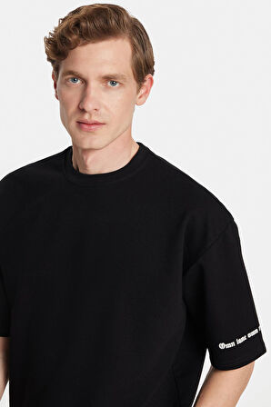 Erkek Oversize Geniş Kesim Pamuklu Baskılı Bisiklet Yaka Siyah Tişört