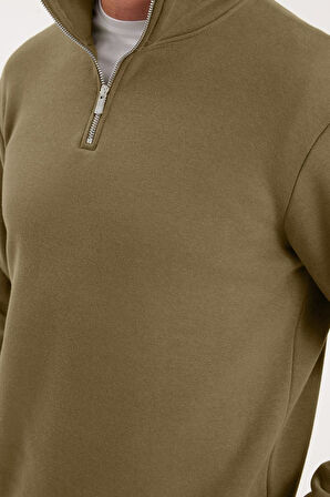 Unisex Relax Fit Rahat Kesim Pamuklu İçi Polarlı Yarım Fermuarlı Haki Dik Yaka Sweatshirt