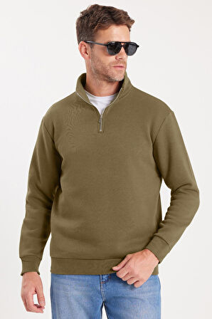 Unisex Relax Fit Rahat Kesim Pamuklu İçi Polarlı Yarım Fermuarlı Haki Dik Yaka Sweatshirt