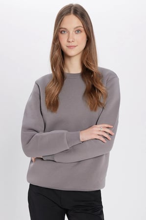 Unisex Relax Fit Rahat Kesim Pamuklu Yumuşak Dokulu İçi Polarlı Basic Gri Bisiklet Yaka Sweatshirt