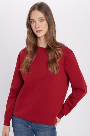 Unisex Relax Fit Rahat Kesim Pamuklu 3 İplik İçi Polarlı Basic Bordo Bisiklet Yaka Sweatshirt