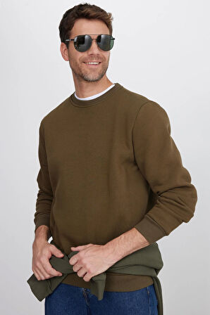 Unisex Relax Fit Rahat Kesim Pamuklu Yumuşak Dokulu İçi Polarlı Yeşil Bisiklet Yaka Sweatshirt