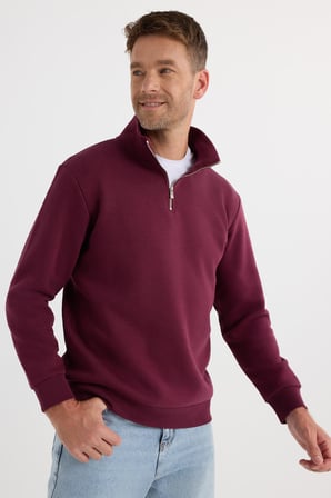 Unisex Relax Fit Rahat Kesim Pamuklu İçi Polarlı Yarım Fermuarlı Bordo Dik Yaka Sweatshirt