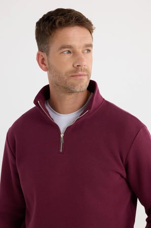 Unisex Relax Fit Rahat Kesim Pamuklu İçi Polarlı Yarım Fermuarlı Bordo Dik Yaka Sweatshirt
