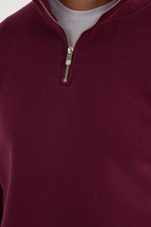 Unisex Relax Fit Rahat Kesim Pamuklu İçi Polarlı Yarım Fermuarlı Bordo Dik Yaka Sweatshirt