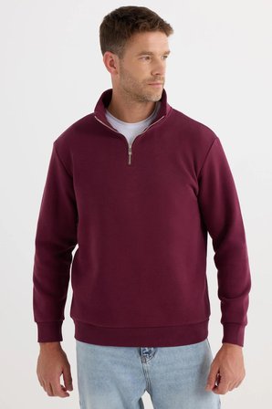 Unisex Relax Fit Rahat Kesim Pamuklu İçi Polarlı Yarım Fermuarlı Bordo Dik Yaka Sweatshirt