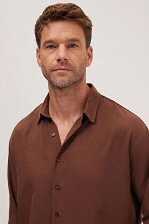 Oversize Mevsimlik Keten Dokulu Bol Kalıp Uzun Kollu Rahat Kullanım Erkek Kahverengi Gömlek