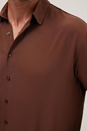 Oversize Mevsimlik Keten Dokulu Bol Kalıp Uzun Kollu Rahat Kullanım Erkek Kahverengi Gömlek