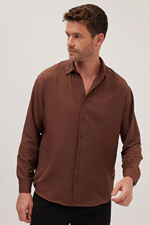 Oversize Mevsimlik Keten Dokulu Bol Kalıp Uzun Kollu Rahat Kullanım Erkek Kahverengi Gömlek