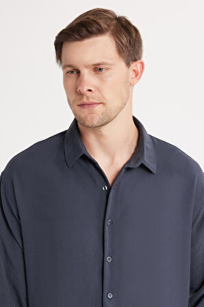 Oversize Mevsimlik Keten Dokulu Bol Kalıp Uzun Kollu Rahat Kullanım Erkek Füme Gömlek