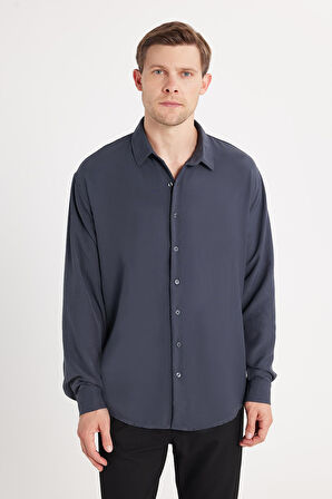 Oversize Mevsimlik Keten Dokulu Bol Kalıp Uzun Kollu Rahat Kullanım Erkek Füme Gömlek