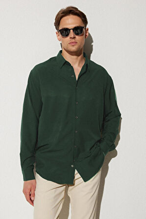 Oversize Mevsimlik Keten Dokulu Bol Kalıp Uzun Kollu Rahat Kullanım Erkek Yeşil Gömlek