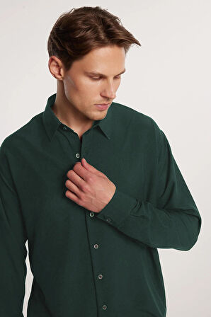 Oversize Mevsimlik Keten Dokulu Bol Kalıp Uzun Kollu Rahat Kullanım Erkek Yeşil Gömlek