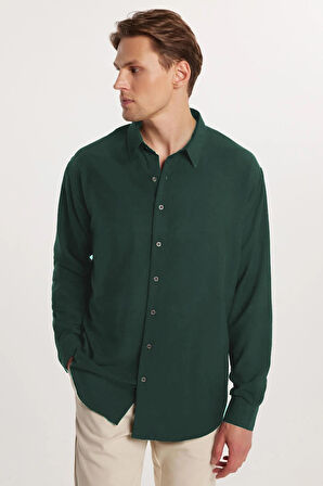 Oversize Mevsimlik Keten Dokulu Bol Kalıp Uzun Kollu Rahat Kullanım Erkek Yeşil Gömlek