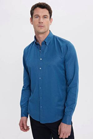 Erkek Slim Fit Dar Kesim Uzun Kollu Pamuklu Oxford Doku Kolay Ütülenebilir Petrol Düğmeli Yaka Gömlek