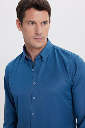 Erkek Slim Fit Dar Kesim Uzun Kollu Pamuklu Oxford Doku Kolay Ütülenebilir Petrol Düğmeli Yaka Gömlek