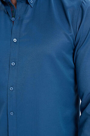 Erkek Slim Fit Dar Kesim Uzun Kollu Pamuklu Oxford Doku Kolay Ütülenebilir Petrol Düğmeli Yaka Gömlek