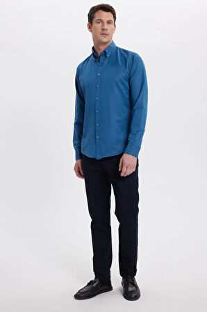 Erkek Slim Fit Dar Kesim Uzun Kollu Pamuklu Oxford Doku Kolay Ütülenebilir Petrol Düğmeli Yaka Gömlek