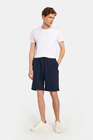 Erkek Regular Rahat Kesim Beli Lastikli Bağlamalı Yandan Cepli Lacivert Bermuda Şort