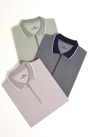 Erkek 3'lü Paket Mint-Gri-Lacivert Slim Fit Pamuklu Düz Fermuarlı Pike Polo Yaka Tişört