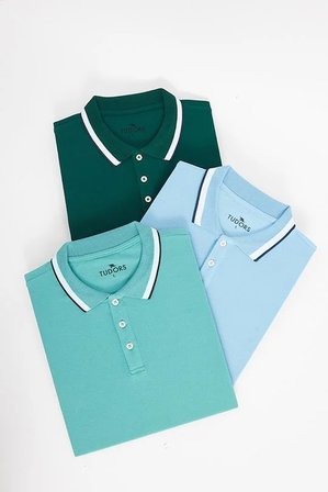 Erkek 3'lü Paket Turkuaz-Açık Mavi-Yeşil Slim Fit Dar Kesim Pamuklu Düz Pike Polo Yaka Tişört