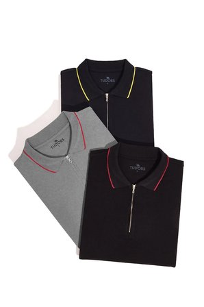 Erkek 3'lü Paket Lacivert-Gri-Siyah Slim Fit Dar Kesim Pamuklu Düz Fermuarlı Pike Polo Yaka Tişört