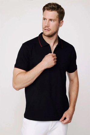 Erkek 3'lü Paket Lacivert-Gri-Siyah Slim Fit Dar Kesim Pamuklu Düz Fermuarlı Pike Polo Yaka Tişört