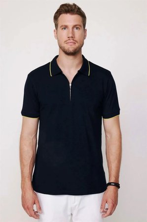Erkek 3'lü Paket Lacivert-Gri-Siyah Slim Fit Dar Kesim Pamuklu Düz Fermuarlı Pike Polo Yaka Tişört