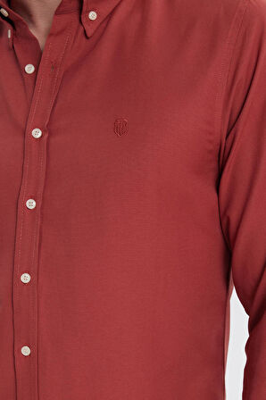Erkek Slim Fit Dar Kesim Düz Oxford Armalı Yaka Düğmeli Kiremit Spor Gömlek