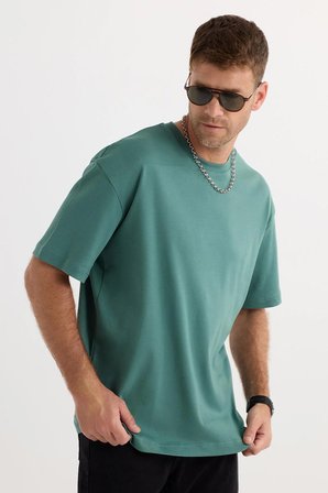 Unisex Oversize Geniş Kesim %100 Pamuk Yumuşak Dokulu Basic Bisiklet Yaka Yeşil Tişört