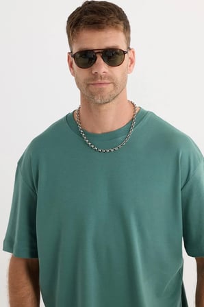 Unisex Oversize Geniş Kesim %100 Pamuk Yumuşak Dokulu Basic Bisiklet Yaka Yeşil Tişört