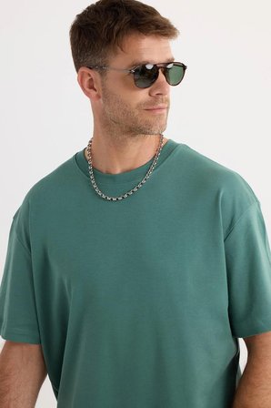 Unisex Oversize Geniş Kesim %100 Pamuk Yumuşak Dokulu Basic Bisiklet Yaka Yeşil Tişört