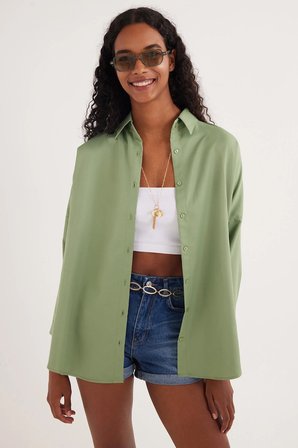 Kadın Oversize Rahat Kesim Spor Yaka Uzun Kollu Basic Düz Mint Gömlek