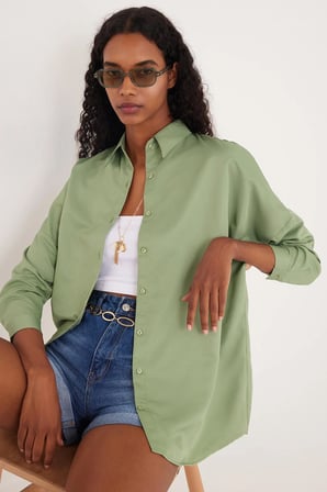 Kadın Oversize Rahat Kesim Spor Yaka Uzun Kollu Basic Düz Mint Gömlek
