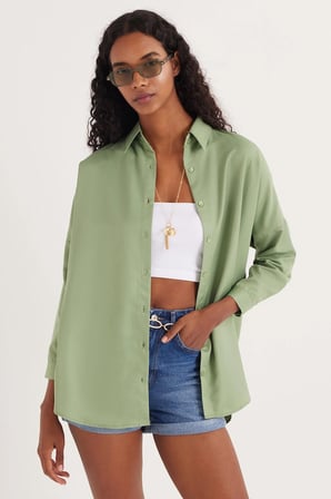 Kadın Oversize Rahat Kesim Spor Yaka Uzun Kollu Basic Düz Mint Gömlek